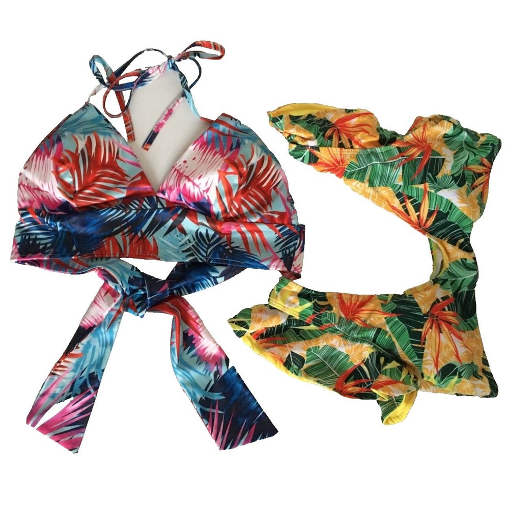 Women Size Large Bikini Tops (2)Padded Swim Halter Tie Dye Floral Spring Break